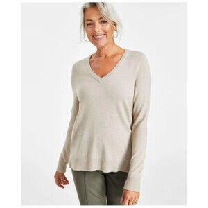 Style & Co Women's Long Sleeve V-Neck Sweater In Solid Brown Top Size PP Petite